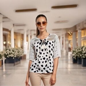 Noracora Women's Tassel Blouse S Black White Polka Dot Lace Sleeve Cotton VG